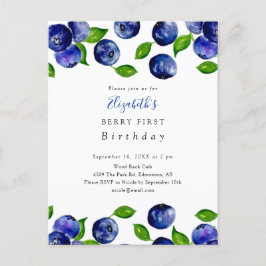 Cartão Postal Cute Berry Primeiro Aniversário Blueberry Aquarela