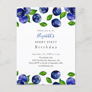 Cartão Postal Cute Berry Primeiro Aniversário Blueberry Aquarela