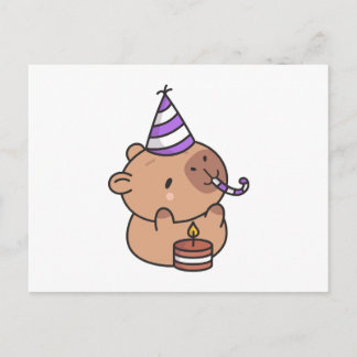 Cartão Postal Cute Birthday Capybara with Party Hat and Cake Kaw