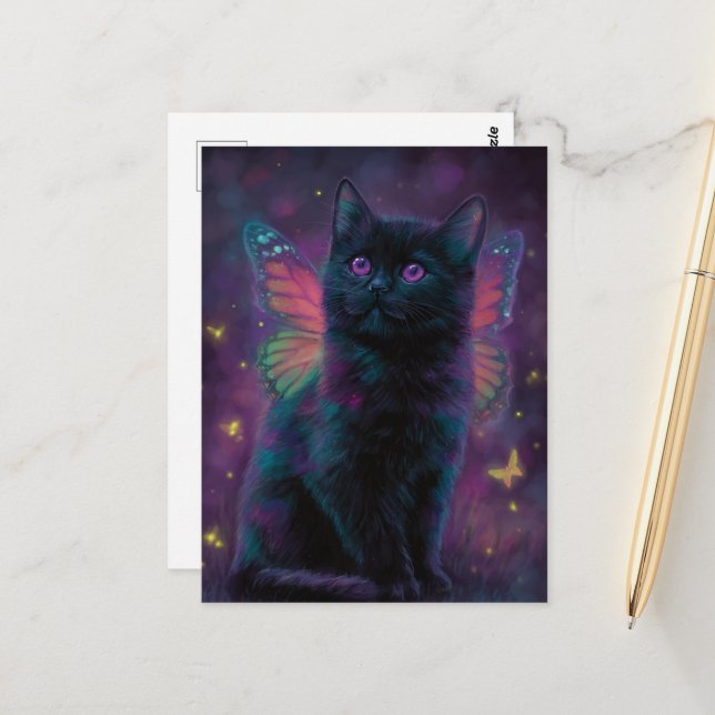 Cartão Postal Cute Black and Purple Cat Fairy (Frente/Verso In Situ)