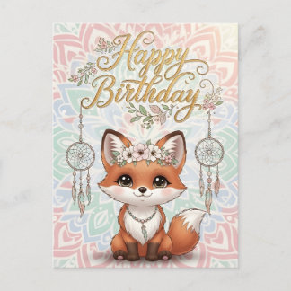 Cartão Postal Cute Boho Fox Happy Birthday Card with Dreamcatche