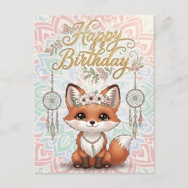 Cartão Postal Cute Boho Fox Happy Birthday Card with Dreamcatche (Frente)