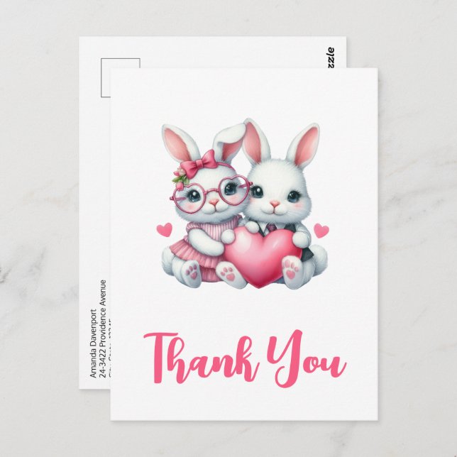Cartão Postal Cute Bunnies Sharing a Heart Thank You (Frente/Verso)