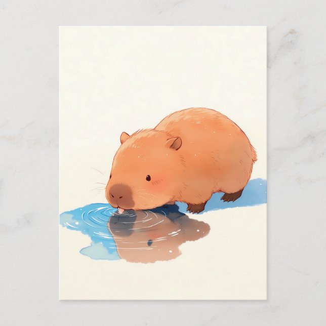 Cartão Postal Cute Capybara Drinking from Blue Puddle (Frente)