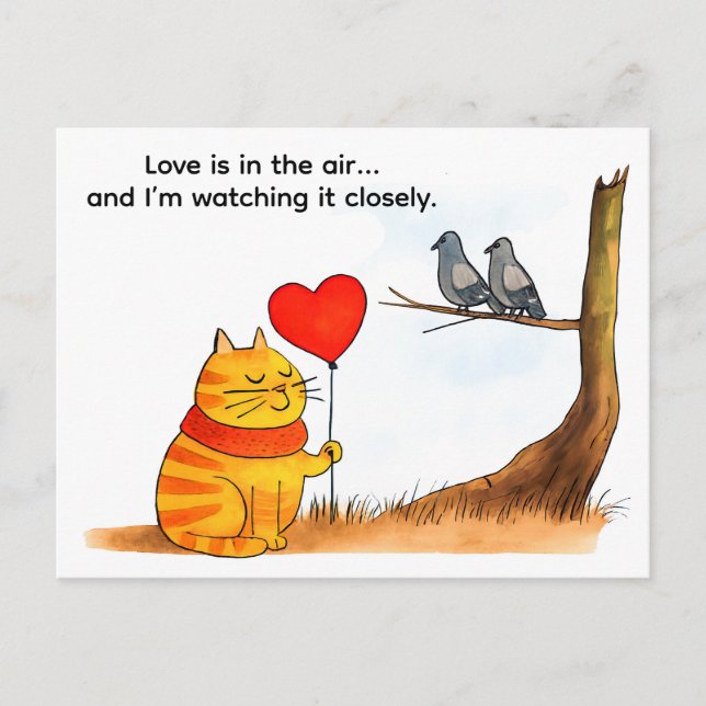 Cartão Postal Cute Cartoon Cat Holding Heart Balloon Illustratio (Frente)