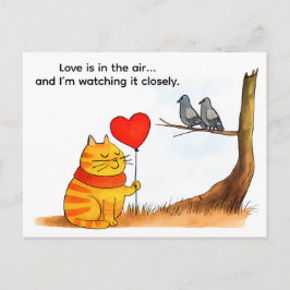Cartão Postal Cute Cartoon Cat Holding Heart Balloon Illustratio