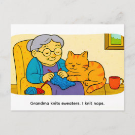 Cartão Postal Cute Cartoon Cat Resting on Knitting Grandma