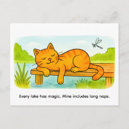 Cartão Postal Cute Cartoon Cat Resting on Wooden Dock