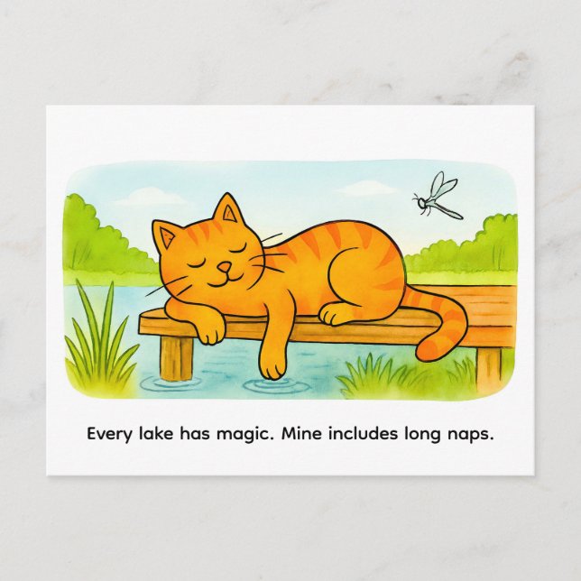 Cartão Postal Cute Cartoon Cat Resting on Wooden Dock (Frente)