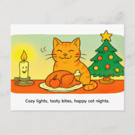 Cartão Postal Cute Cartoon Cat Sitting by Christmas Candle