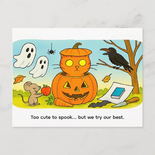 Cartão Postal Cute Cartoon Cat Sitting in Pumpkin Costume (Frente)
