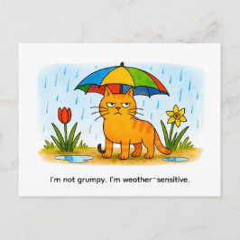 Cartão Postal Cute Cartoon Cat Standing Under Colorful Umbrella