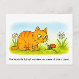 Cartão Postal Cute Cartoon Cat Watching Ladybug in Meadow