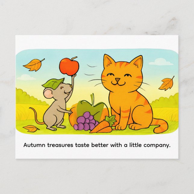 Cartão Postal Cute Cartoon Cat With Mouse and Heart Balloon (Frente)