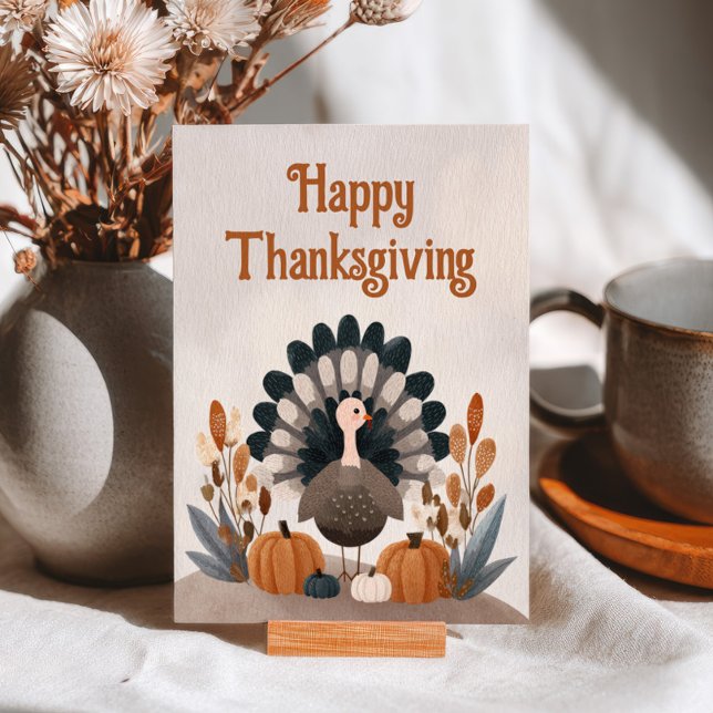 Cartão Postal Cute Cartoon Turkey Fall Foliage Thanksgiving (Criador carregado)