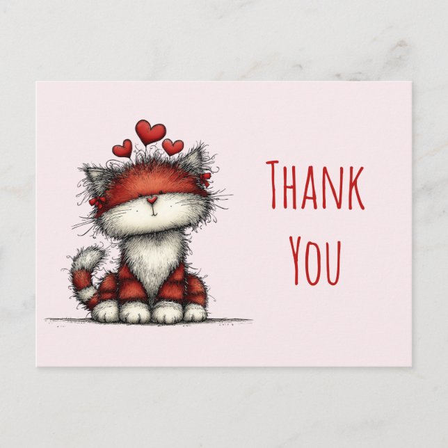 Cartão Postal Cute Cat with Red Love Hearts Thank You (Frente)