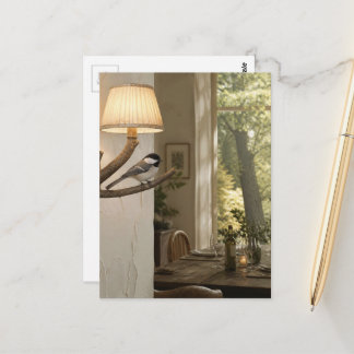 Cartão Postal Cute Chickadee na Sala de Jantar Colagem Surrealis