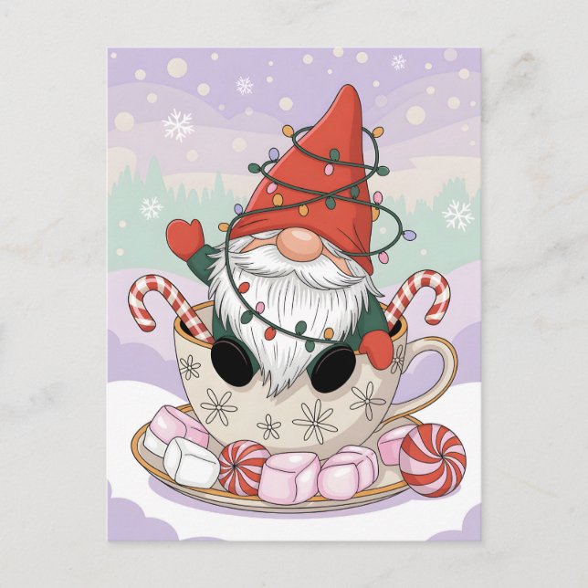 Cartão Postal Cute Christmas Gnome in a Teacup Cartoon (Frente)
