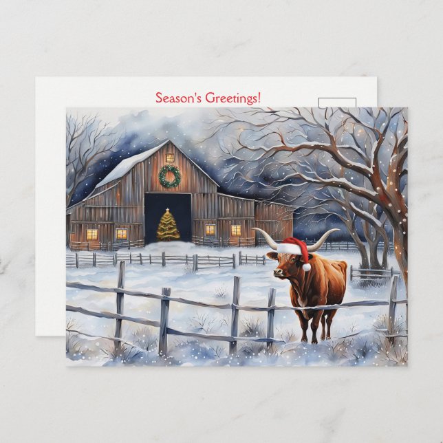 Cartão Postal Cute Christmas Holiday Cow and Barn Country (Frente/Verso)