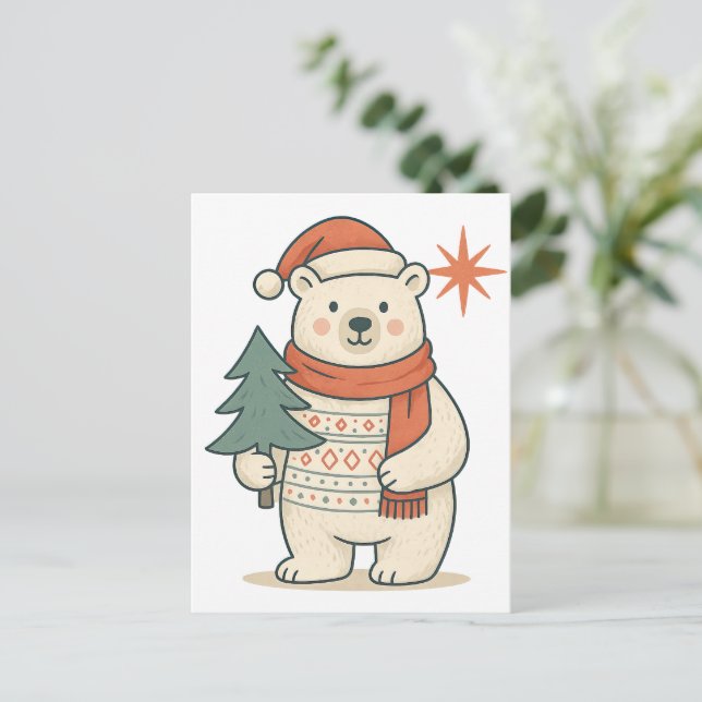 Cartão Postal Cute Christmas Polar Bear | Scandinavian Winter  (Em pé/Frente)