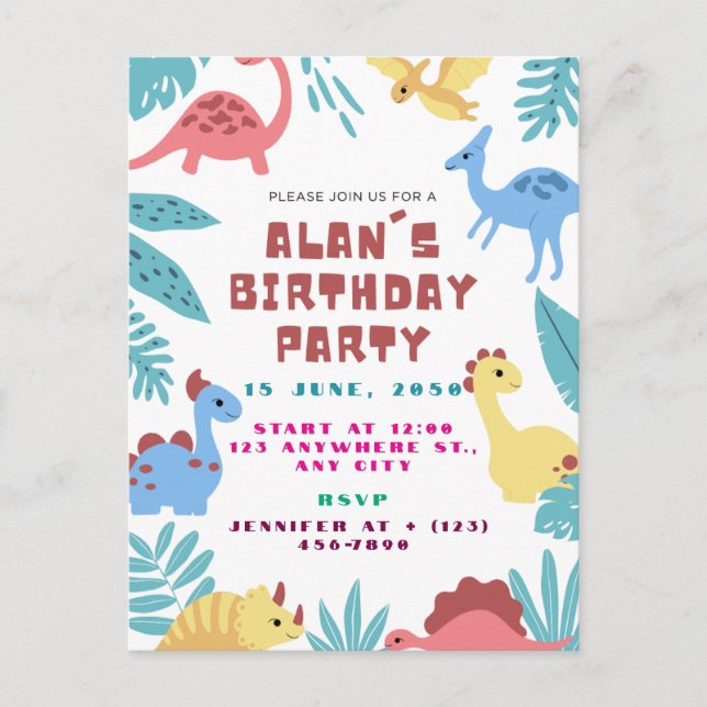 Cartão Postal Cute Dinosaur Birthday Invitation (Frente)