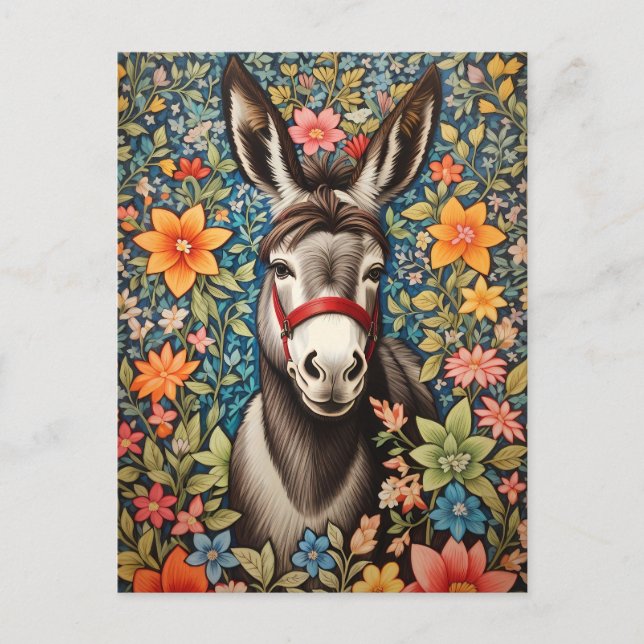 Cartão Postal Cute Donkey On Colorful Floral Background (Frente)