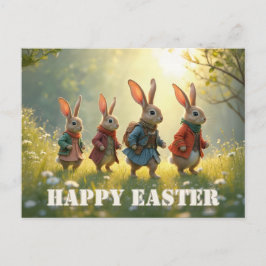 Cartão Postal Cute Easter Bunnies Walking in Spring Meadow