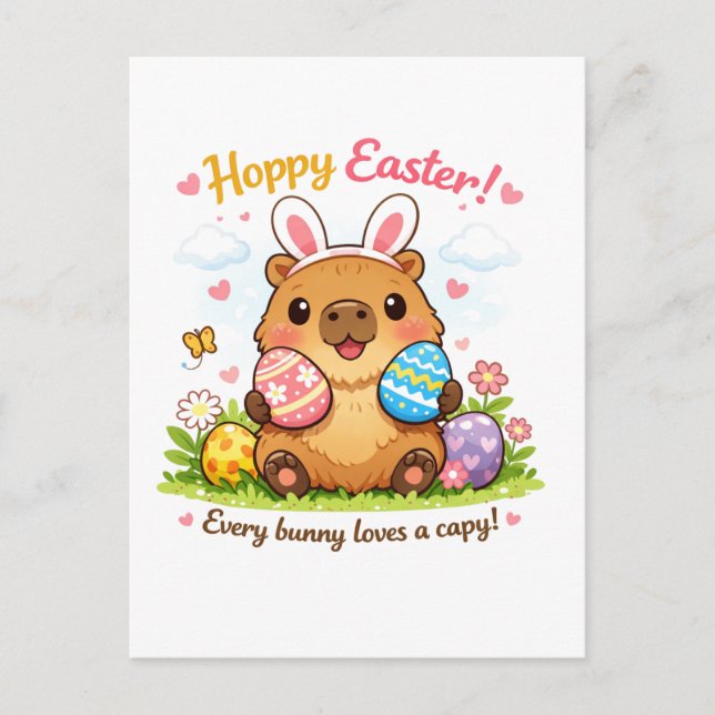 Cartão Postal Cute Easter Capybara Eggs Bunny Ears (Frente)