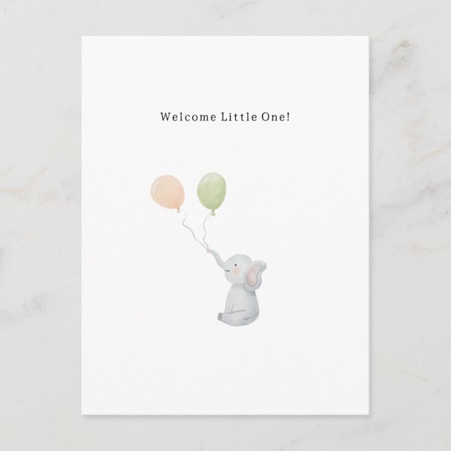 Cartão Postal Cute Elephant And Balloons Welcome New Baby Card. (Frente)