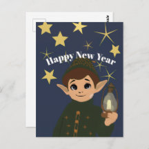 Cute Elf Watcher Starry Night Happy New Year Postc