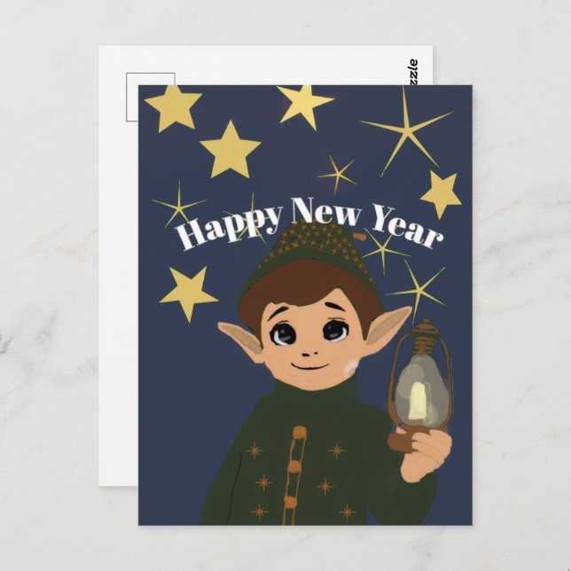 Cartão Postal Cute Elf Watcher Starry Night Happy New Year Postc (Frente/Verso)