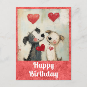 Cartão Postal Cute Feliz Aniversário Aquarela Cachorro Coração