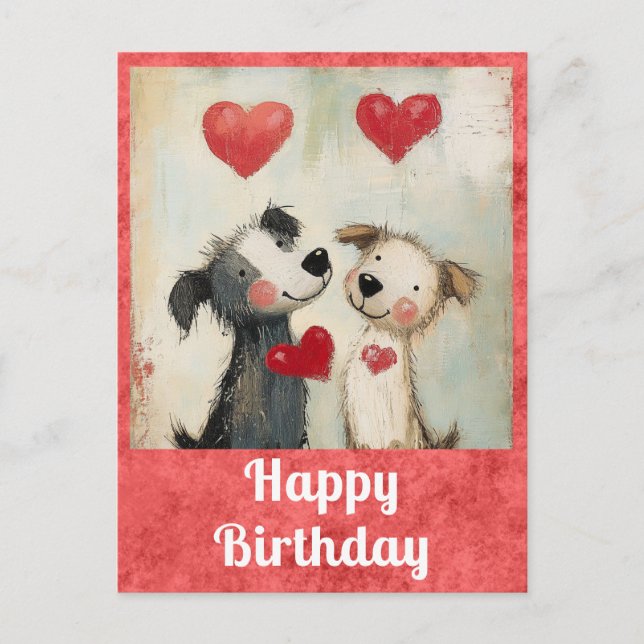 Cartão Postal Cute Feliz Aniversário Aquarela Cachorro Coração (Frente)