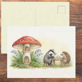 Cartão Postal Cute Festa de Chá na Floresta Aquarela em Branco