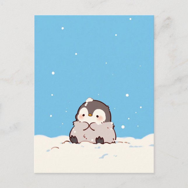 Cartão Postal Cute Fluffy Penguin in Snowy Winter Landscape (Frente)