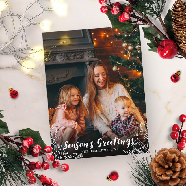 Cartão Postal Cute Foliage White Script Photo Christmas (Criador carregado)