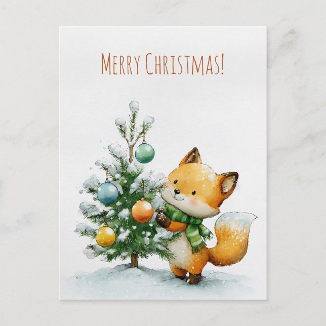 Cartão Postal Cute fox decorating a small Christmas tree,  (Frente)