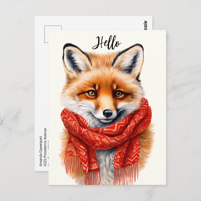 Cartão Postal Cute Fox in a Red Scarf Autumn Image (Frente/Verso)