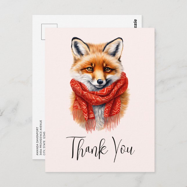 Cartão Postal Cute Fox in a Red Scarf Autumn Image Thank You (Frente/Verso)