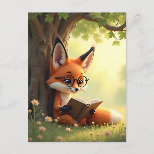 Cartão Postal Cute fox reading a book, custom  (Frente)
