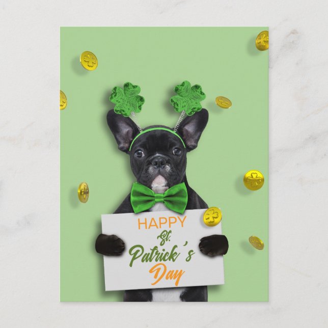 Cartão Postal Cute French Bulldog Happy St. Patrick’s Day Clover (Frente)