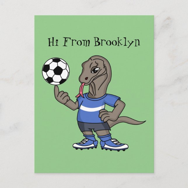 Cartão Postal Cute funny Komodo dragon playing soccer cartoon (Frente)