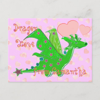 Cartão Postal Cute Green Dragon Love Hearts Kids Postcard