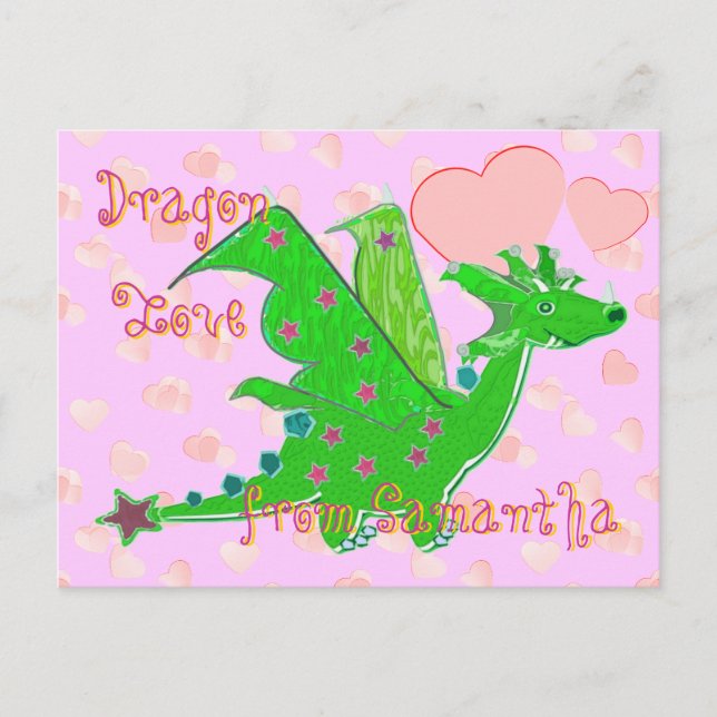 Cartão Postal Cute Green Dragon Love Hearts Kids Postcard (Frente)
