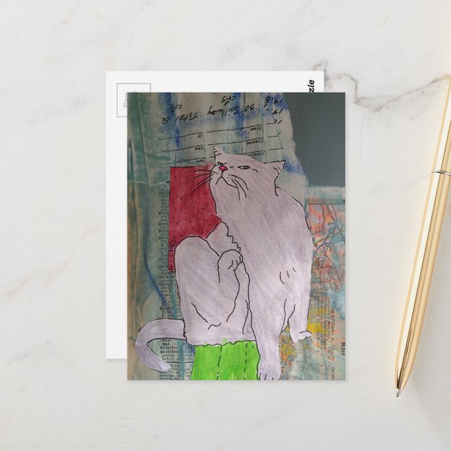 Cartão Postal Cute Grey Kitty mixed media collage (Frente/Verso In Situ)