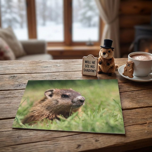 Cartão Postal Cute Groundhog Peeking Green Grass Photo (Criador carregado)