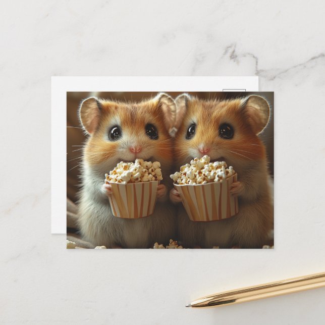 Cartão Postal Cute Hamsters With Popcorn (Frente/Verso In Situ)
