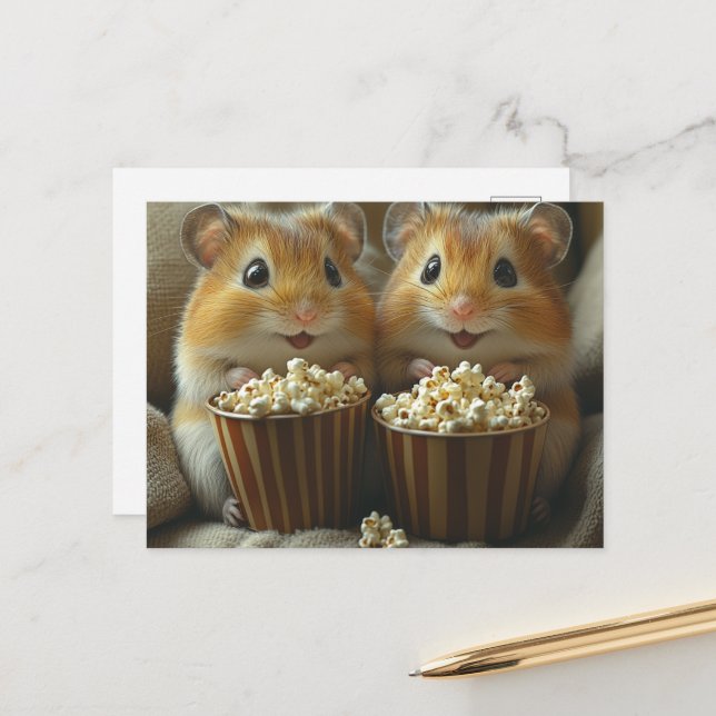 Cartão Postal Cute Hamsters With Popcorn For movie Night (Frente/Verso In Situ)