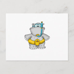 Cartão Postal Cute Hippo com um pneu flutuante e óculos