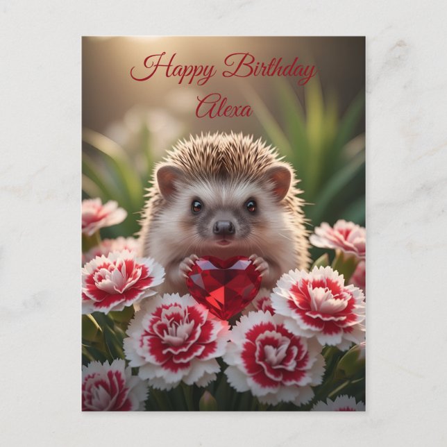 Cartão Postal Cute January Hedgehog with Garnet Heart (Frente)